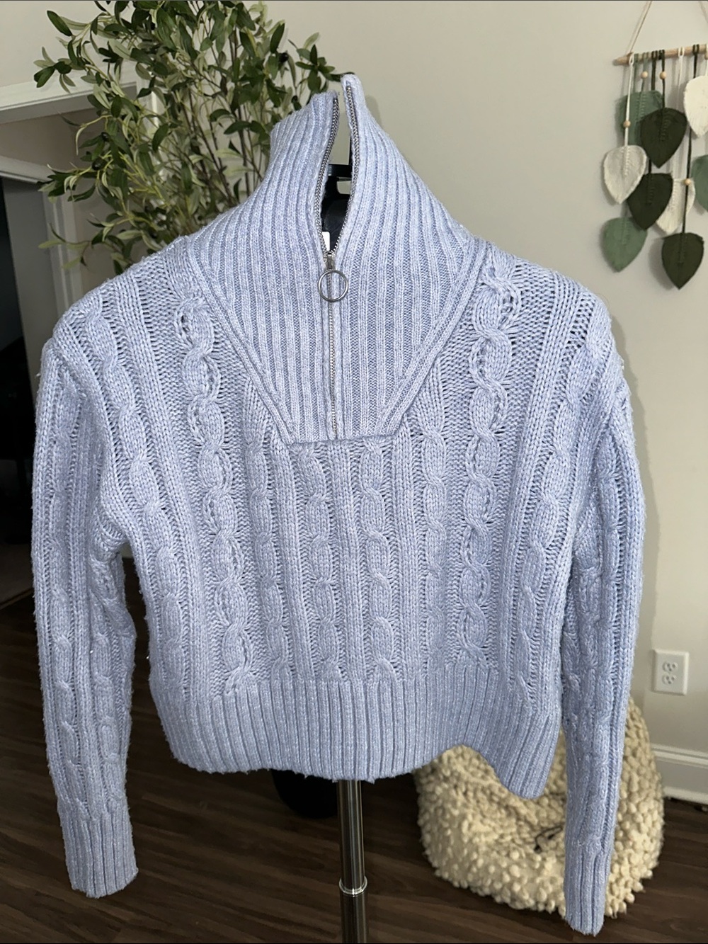 Sincerely Jules Light Blue Cable-Knit Half-Zip Turtleneck Sweater